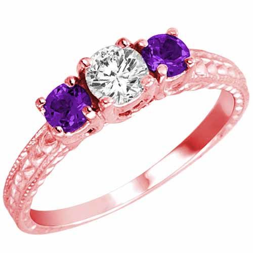 14K Rose Gold Round 3 Stone Diamond and Amethyst Engagement Ring With Cobra Design Shank (0.95 cttw)
