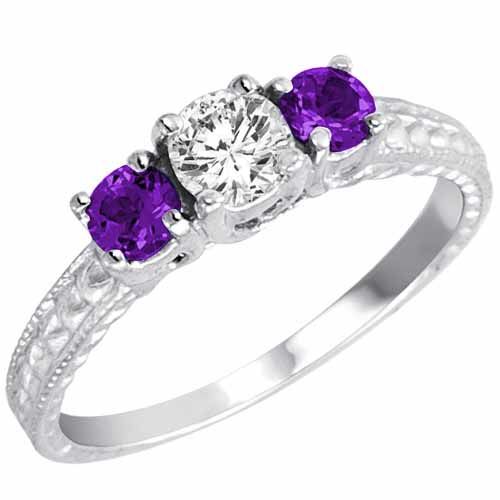 18K White Gold Round 3 Stone Diamond and Amethyst Engagement Ring With Cobra Design Shank (0.95 cttw)