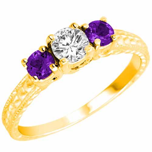 18K Yellow Gold Round 3 Stone Diamond and Amethyst Engagement Ring With Cobra Design Shank (0.95 cttw)