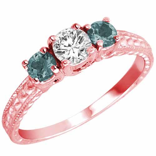 10K Rose Gold Round 3 Stone Diamond and Aquamarine Engagement Ring With Cobra Design Shank (0.95 cttw)