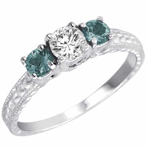 18K White Gold Round 3 Stone Diamond and Aquamarine Engagement Ring With Cobra Design Shank (0.95 cttw)