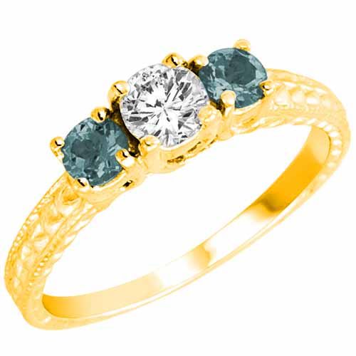 18K Yellow Gold Round 3 Stone Diamond and Aquamarine Engagement Ring With Cobra Design Shank (0.95 cttw)