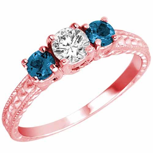 10K Rose Gold 3 Stone Diamond and Blue Diamond Accented Engagement Ring With Cobra Design Shank (9/10 cttw)