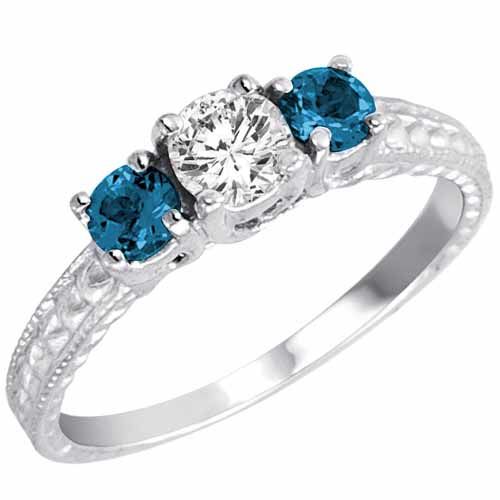 Sterling Silver 3 Stone Diamond and Blue Diamond Accented Engagement Ring With Cobra Design Shank (9/10 cttw)