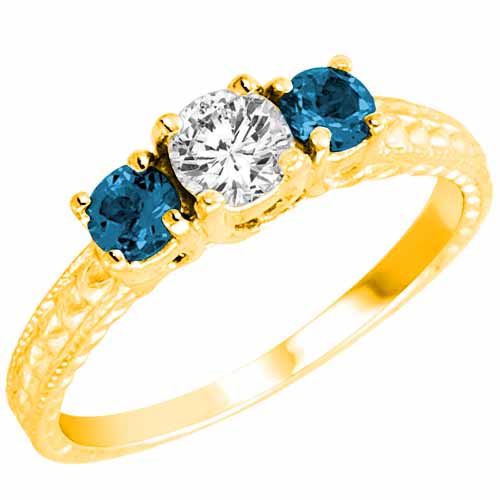 10K Yellow Gold 3 Stone Diamond and Blue Diamond Accented Engagement Ring With Cobra Design Shank (9/10 cttw)