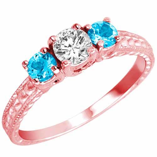 10K Rose Gold Round 3 Stone Diamond and Blue Topaz Engagement Ring With Cobra Design Shank (0.95 cttw)