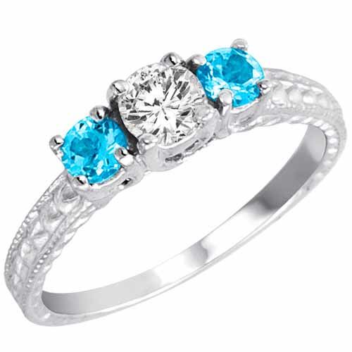 14K White Gold Round 3 Stone Diamond and Blue Topaz Engagement Ring With Cobra Design Shank (0.95 cttw)