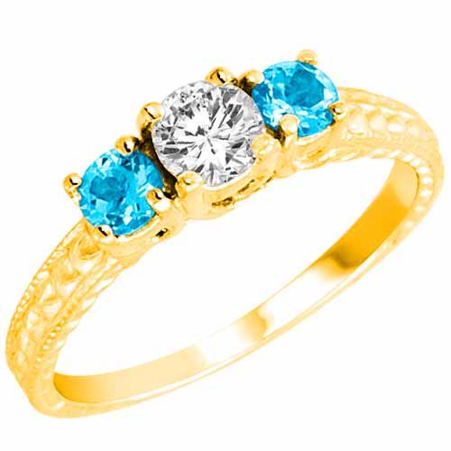 18K Yellow Gold Round 3 Stone Diamond and Blue Topaz Engagement Ring With Cobra Design Shank (0.95 cttw)