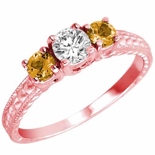 18K Rose Gold Round 3 Stone Diamond and Citrine Engagement Ring With Cobra Design Shank (0.95 cttw)