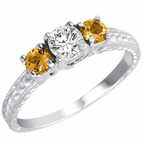 Sterling Silver Round 3 Stone Diamond and Citrine Engagement Ring With Cobra Design Shank (0.95 cttw)