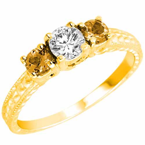 10K Yellow Gold Round 3 Stone Diamond and Citrine Engagement Ring With Cobra Design Shank (0.95 cttw)