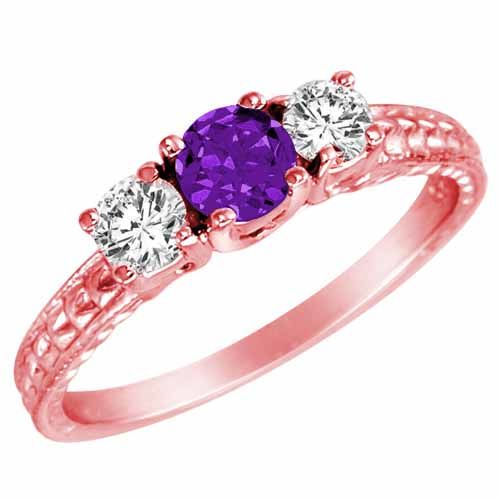14K Rose Gold Round 3 Stone Diamond and Amethyst Engagement Ring With Cobra Design Shank (0.90 cttw)