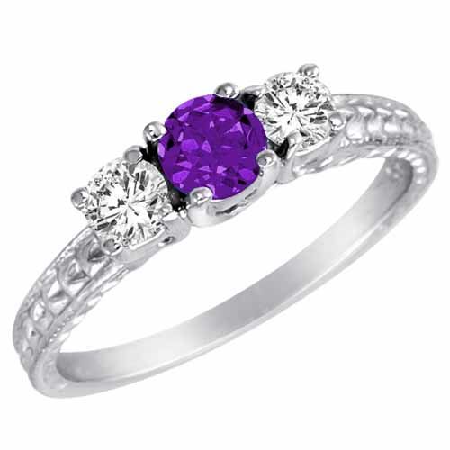 18K White Gold Round 3 Stone Diamond and Amethyst Engagement Ring With Cobra Design Shank (0.90 cttw)