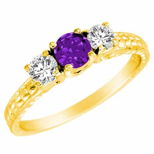 10K Yellow Gold Round 3 Stone Diamond and Amethyst Engagement Ring With Cobra Design Shank (0.90 cttw)