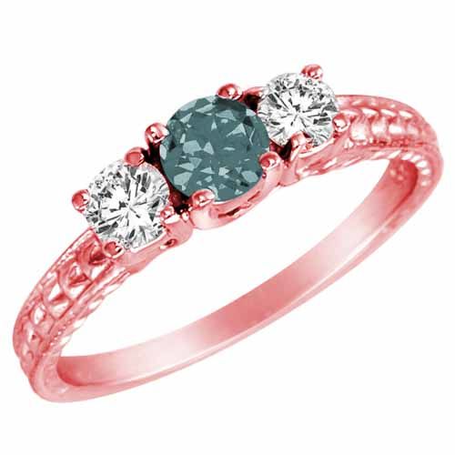 10K Rose Gold Round 3 Stone Diamond and Aquamarine Engagement Ring With Cobra Design Shank (0.90 cttw)