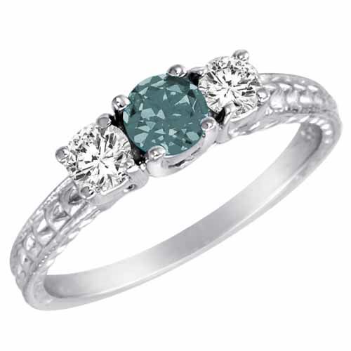Platinum Round 3 Stone Diamond and Aquamarine Engagement Ring With Cobra Design Shank (0.90 cttw)