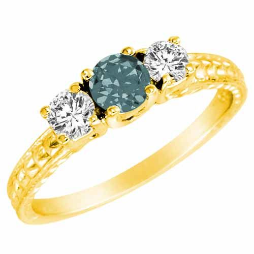 18K Yellow Gold Round 3 Stone Diamond and Aquamarine Engagement Ring With Cobra Design Shank (0.90 cttw)