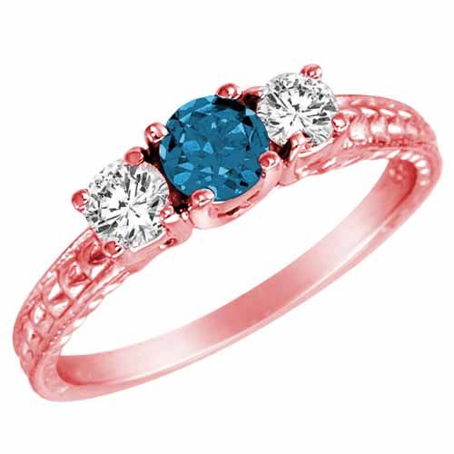 10K Rose Gold 3 Stone Blue Diamond and White Diamond Engagement Ring With Cobra Design Shank (9/10 cttw)