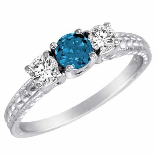 Platinum 3 Stone Blue Diamond and White Diamond Engagement Ring With Cobra Design Shank (9/10 cttw)