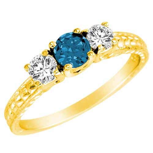 10K Yellow Gold 3 Stone Blue Diamond and White Diamond Engagement Ring With Cobra Design Shank (9/10 cttw)