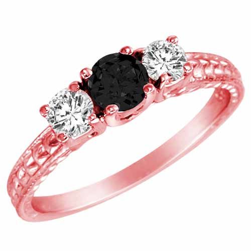 18K Rose Gold Round 3 Stone Diamond and Black Diamond Engagement Ring With Cobra Design Shank (0.90 cttw)