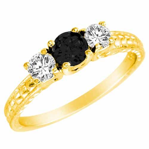14K Yellow Gold Round 3 Stone Diamond and Black Diamond Engagement Ring With Cobra Design Shank (0.90 cttw)