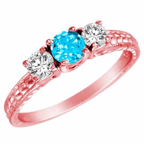 18K Rose Gold Round 3 Stone Diamond and Blue Topaz Engagement Ring With Cobra Design Shank (0.90 cttw)
