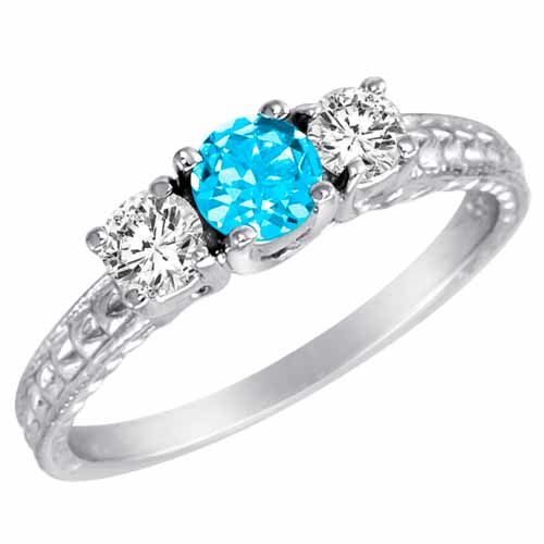 Platinum Round 3 Stone Diamond and Blue Topaz Engagement Ring With Cobra Design Shank (0.90 cttw)