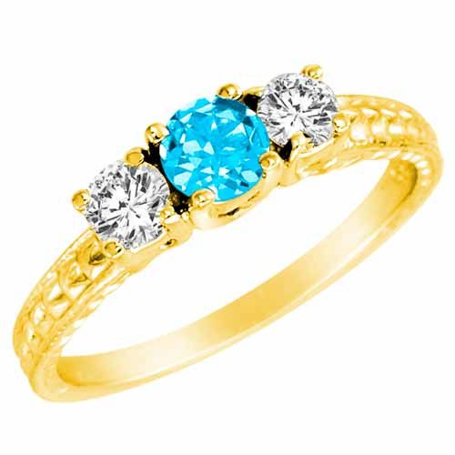 18K Yellow Gold Round 3 Stone Diamond and Blue Topaz Engagement Ring With Cobra Design Shank (0.90 cttw)