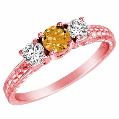 14K Rose Gold Round 3 Stone Diamond and Citrine Engagement Ring With Cobra Design Shank (0.90 cttw)