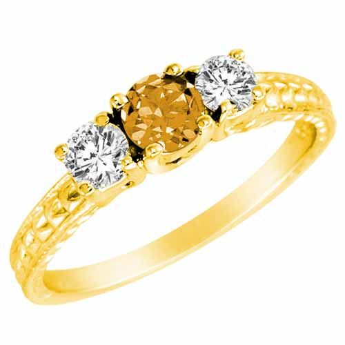 10K Yellow Gold Round 3 Stone Diamond and Citrine Engagement Ring With Cobra Design Shank (0.90 cttw)