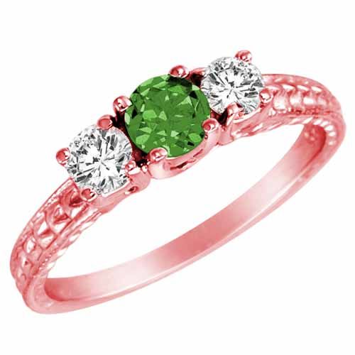 18K Rose Gold Round 3 Stone Diamond and Emerald Engagement Ring With Cobra Design Shank (0.90 cttw)