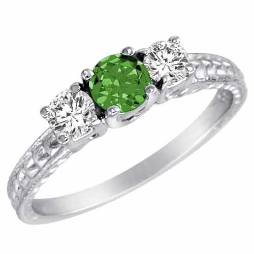 Sterling Silver Round 3 Stone Diamond and Emerald Engagement Ring With Cobra Design Shank (0.90 cttw)