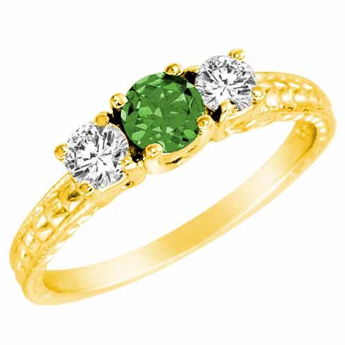 18K Yellow Gold Round 3 Stone Diamond and Emerald Engagement Ring With Cobra Design Shank (0.90 cttw)