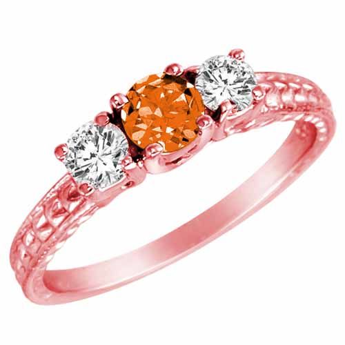 14K Rose Gold Round 3 Stone Diamond and Fire Opal Engagement Ring With Cobra Design Shank (0.90 cttw)