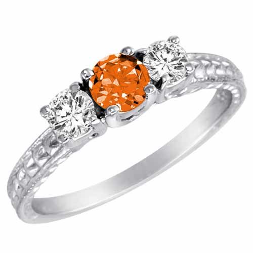18K White Gold Round 3 Stone Diamond and Fire Opal Engagement Ring With Cobra Design Shank (0.90 cttw)