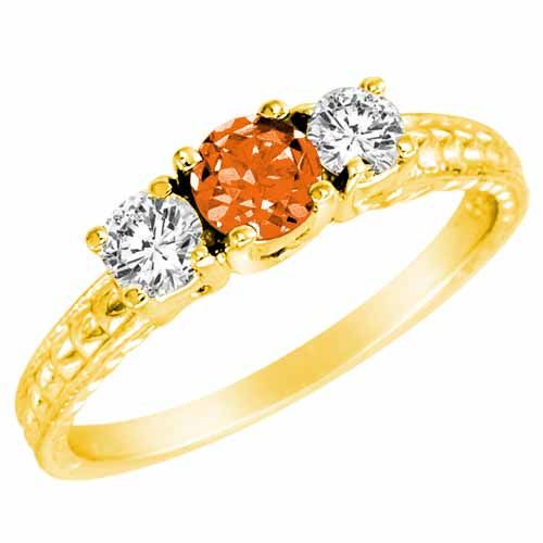 14K Yellow Gold Round 3 Stone Diamond and Fire Opal Engagement Ring With Cobra Design Shank (0.90 cttw)