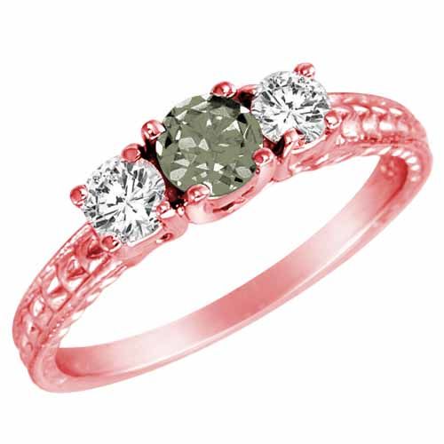 10K Rose Gold Round 3 Stone Diamond and Green Amethyst Engagement Ring With Cobra Design Shank (0.90 cttw)