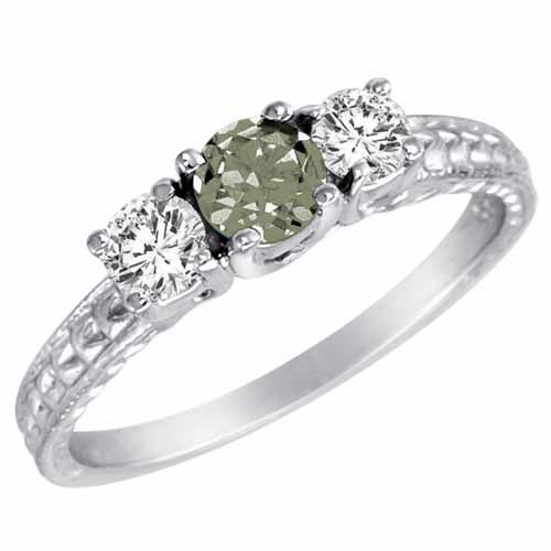 14K White Gold Round 3 Stone Diamond and Green Amethyst Engagement Ring With Cobra Design Shank (0.90 cttw)