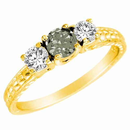 18K Yellow Gold Round 3 Stone Diamond and Green Amethyst Engagement Ring With Cobra Design Shank (0.90 cttw)