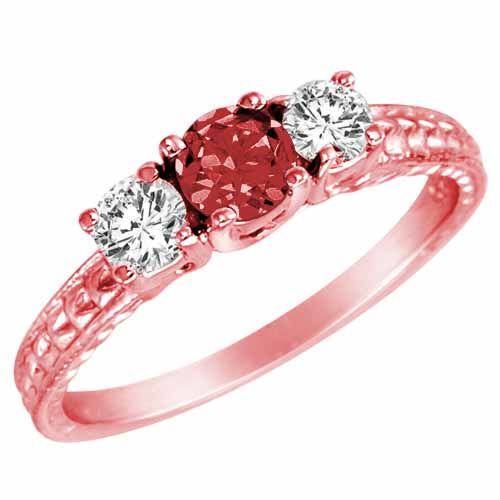 18K Rose Gold Round 3 Stone Diamond and Garnet Engagement Ring With Cobra Design Shank (0.90 cttw)