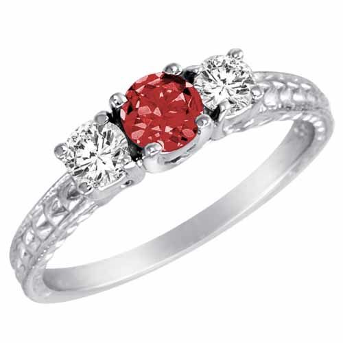 Platinum Round 3 Stone Diamond and Garnet Engagement Ring With Cobra Design Shank (0.90 cttw)