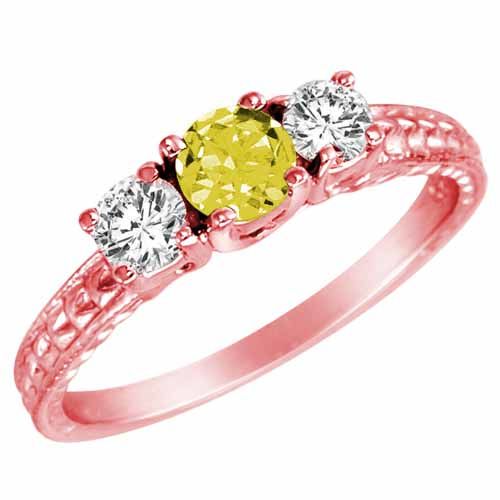 18K Rose Gold Round 3 Stone Diamond and Lemon Quartz Engagement Ring With Cobra Design Shank (0.90 cttw)