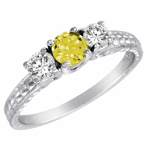 14K White Gold Round 3 Stone Diamond and Lemon Quartz Engagement Ring With Cobra Design Shank (0.90 cttw)