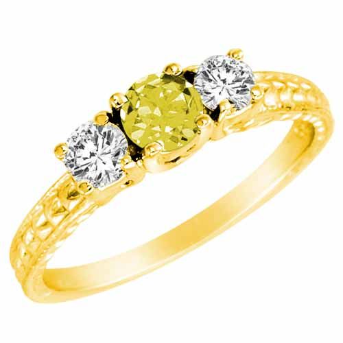 10K Yellow Gold Round 3 Stone Diamond and Lemon Quartz Engagement Ring With Cobra Design Shank (0.90 cttw)