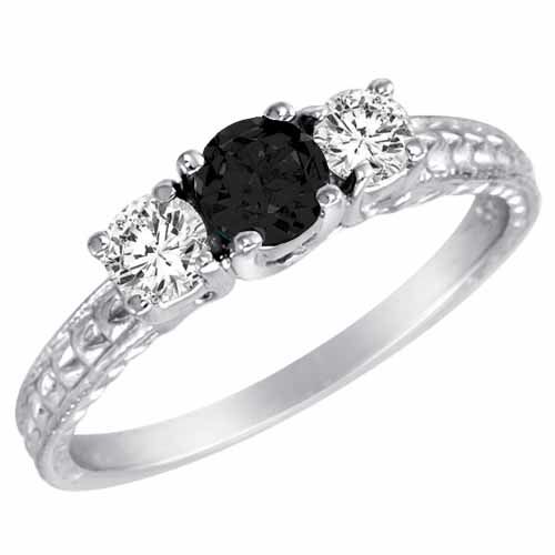 10K White Gold Round 3 Stone Diamond and Onyx Engagement Ring With Cobra Design Shank (0.90 cttw)