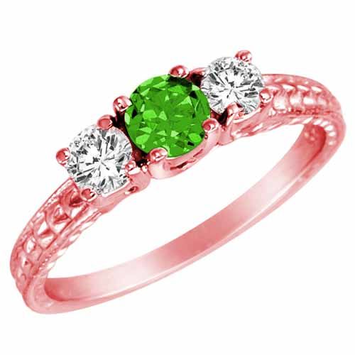 10K Rose Gold Round 3 Stone Diamond and Peridot Engagement Ring With Cobra Design Shank (0.90 cttw)