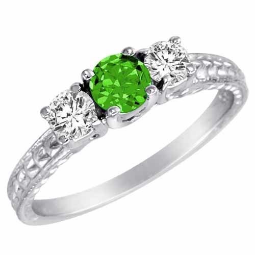18K White Gold Round 3 Stone Diamond and Peridot Engagement Ring With Cobra Design Shank (0.90 cttw)
