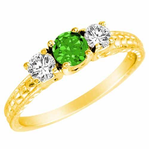 10K Yellow Gold Round 3 Stone Diamond and Peridot Engagement Ring With Cobra Design Shank (0.90 cttw)