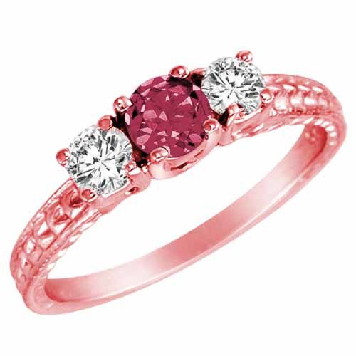 14K Rose Gold Round 3 Stone Diamond and Pink Tourmaline Engagement Ring With Cobra Design Shank (0.90 cttw)